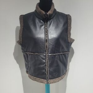 North Legend Womens Faux Leather Sherpa Lined Vest Large Black Brown Cozy Winter